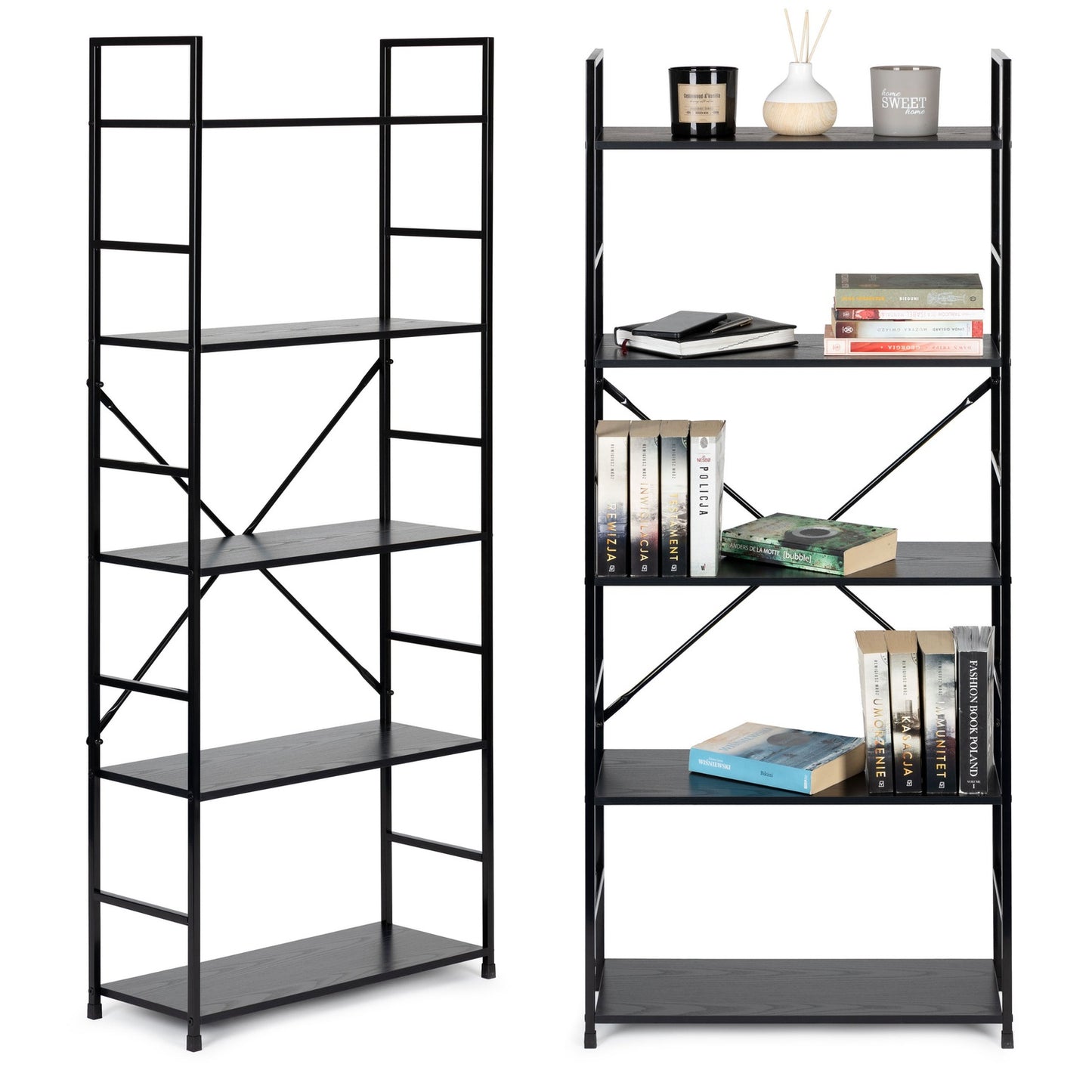 Wide modern LOFT wooden bookcase with 5 shelves, black