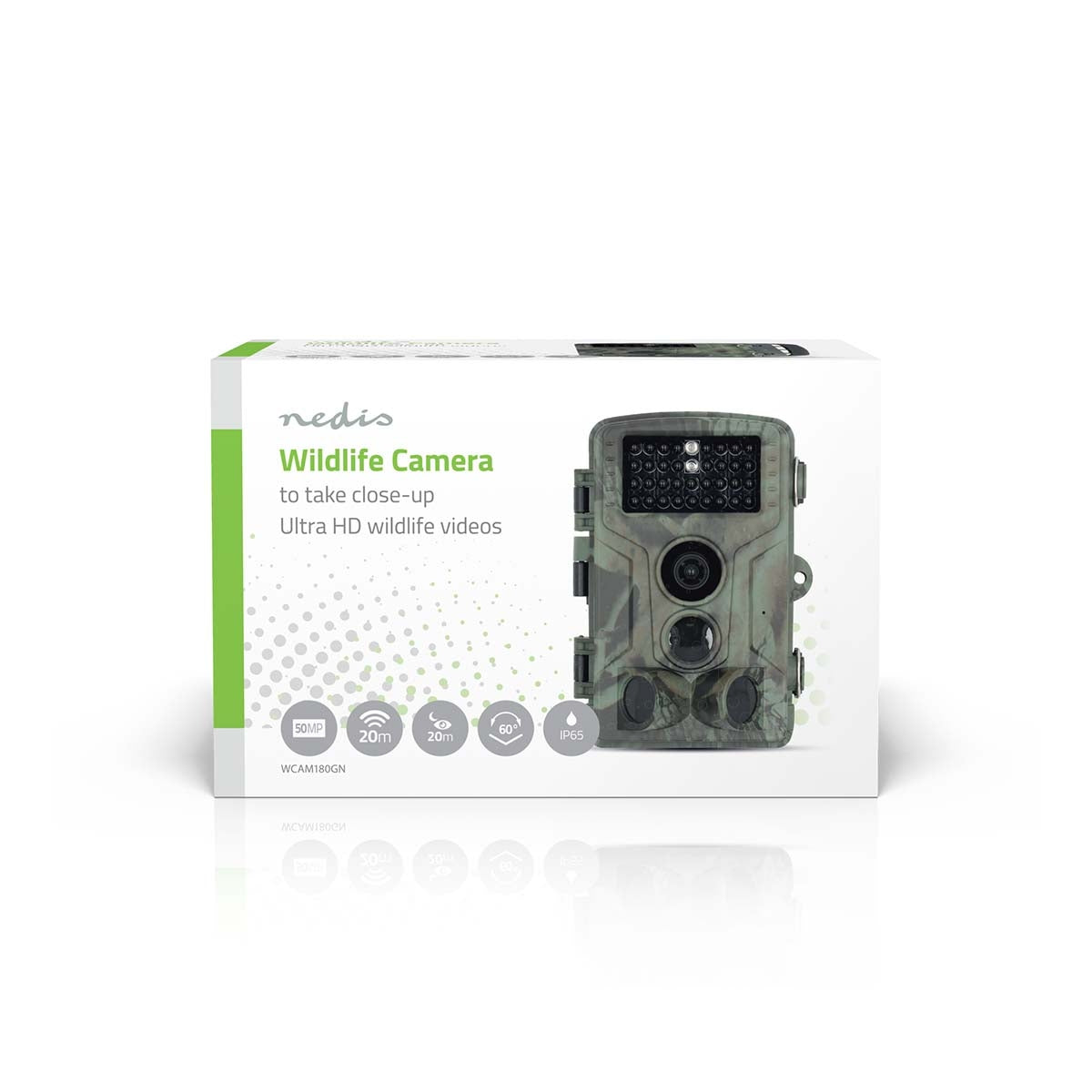 Wildlife Camera | 4K@10fps | 50 MPixel | 5 MPixel CMOS | IP65 | Black No-Glow IR | Night vision | Viewing angle: 60 ° | Motion sensor | Detection angle: 130 ° | Detection range: 20 m | Screen size: 2.4 " | LCD Screen | Brown / Green