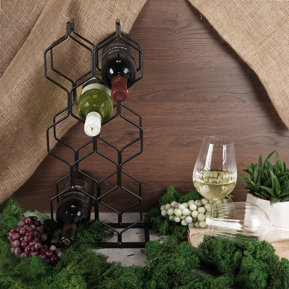 Wine rack in black metal for 8 bottles, floor or bench
