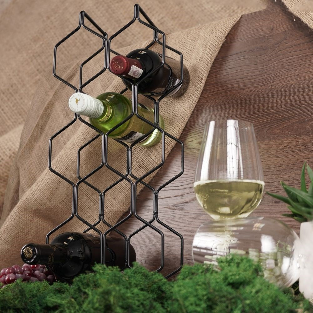 Wine rack in black metal for 8 bottles, floor or bench