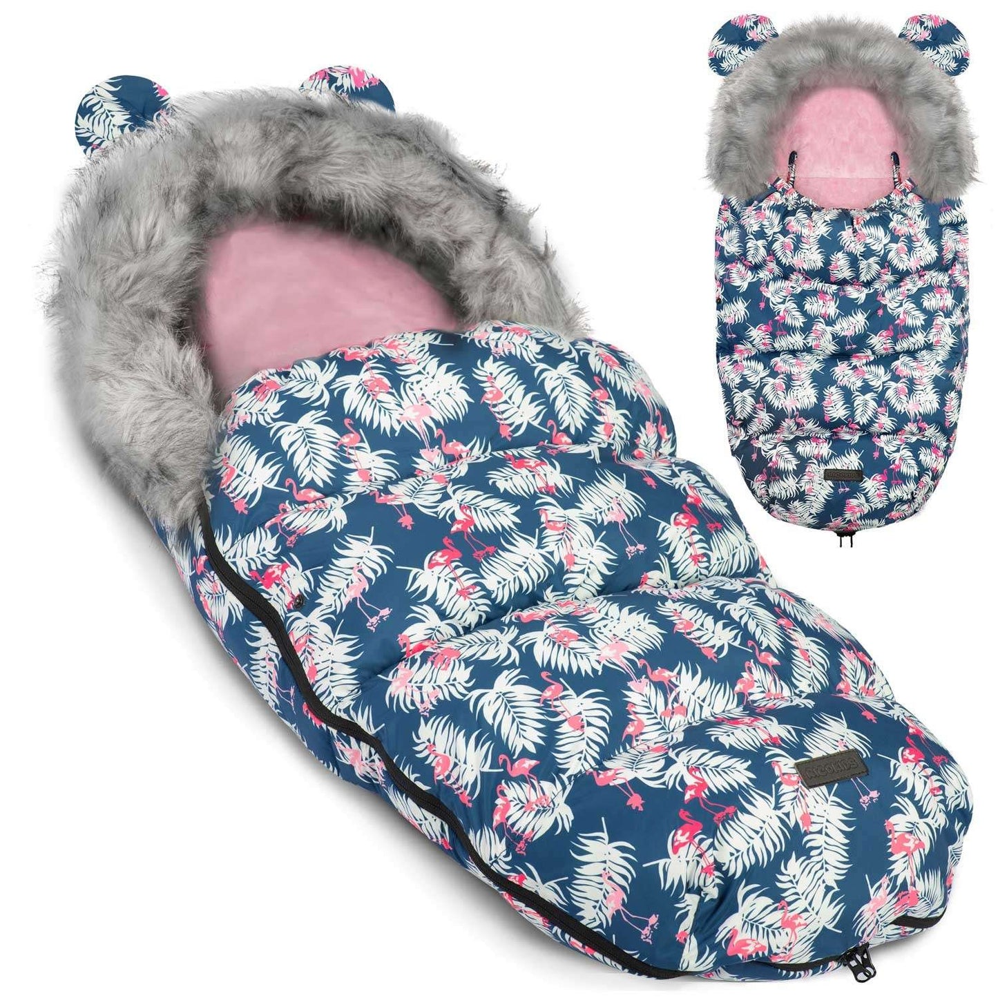 Winter bag for stroller and sled Elmi Ricokids - blue with flamingo pattern