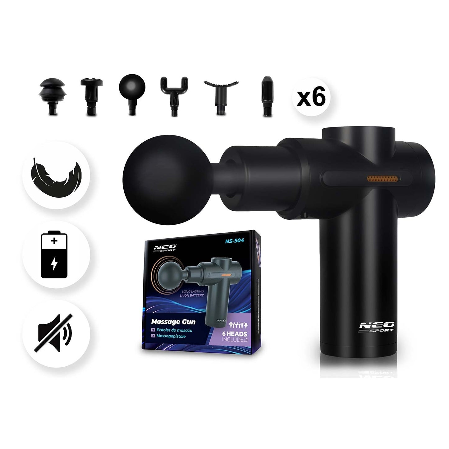 Wireless Body Massage Gun with 6 Attachments, Black