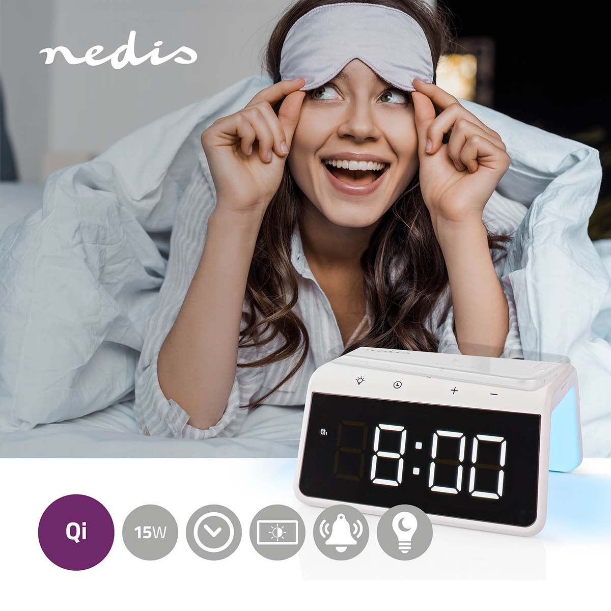 Wireless Charger for Alarm Clock | Qi certified | 5 / 7.5 / 10 / 15 W | USB A Male | Night lamp | 2 Alarm times | Snooze function