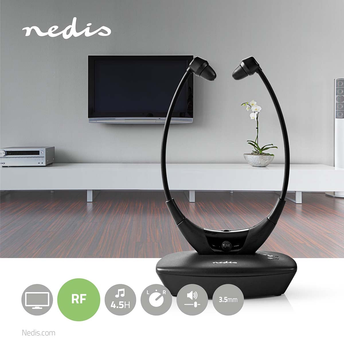 Wireless TV Headphones | RF | In-Ear | Maximum battery life: 4.5 hours | 35 m| Digital Audio | Battery dock | Balance control | Black