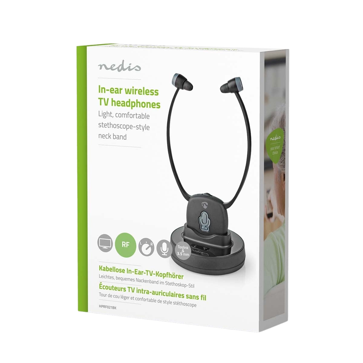 Wireless TV Headphones | RF | In-Ear | Maximum battery play time: 7 hrs | 25 m | Digital Audio | Charging dock | Balance control | Hearing impaired support | Black