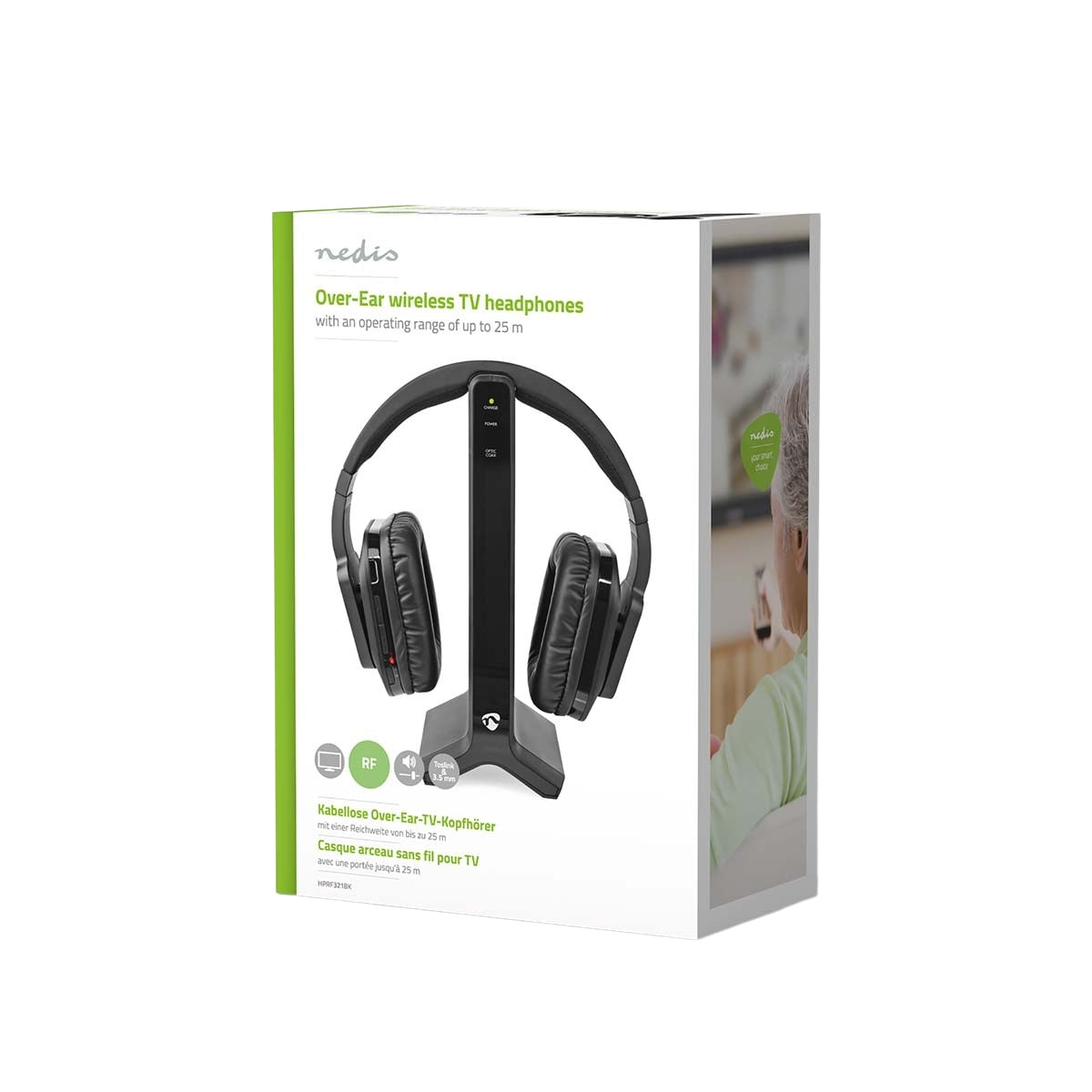Wireless TV Headphones | RF | Over-Ear | Maximum battery play time: 8 hrs | 25 m | Digital Audio | Charging dock | Black