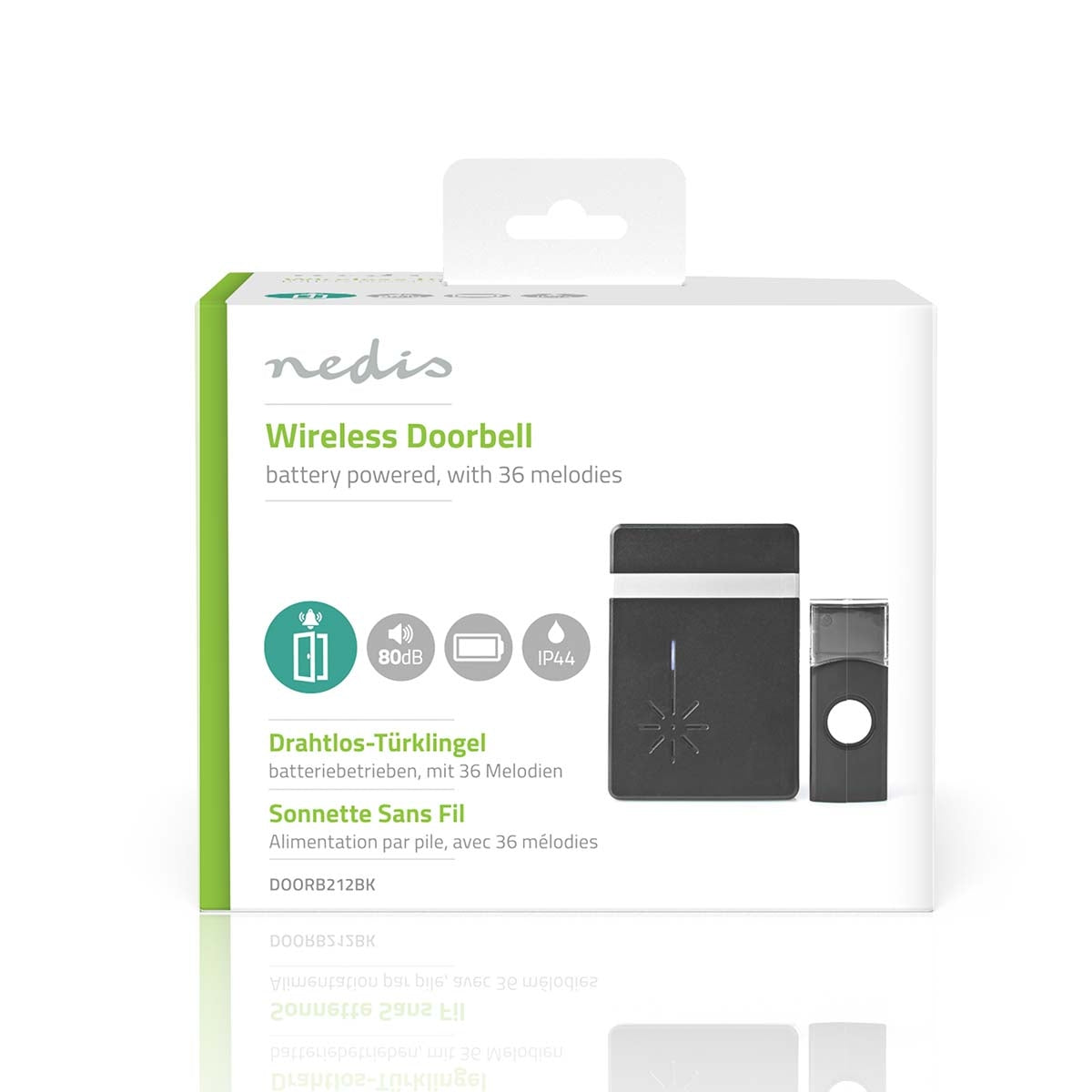 Wireless doorbell | Battery powered | 3 V DC | 1x CR2032 | Volume: 80 dB | Signal range: 300 m | IP44 | 36 Melodies | 1 Recipient | Black