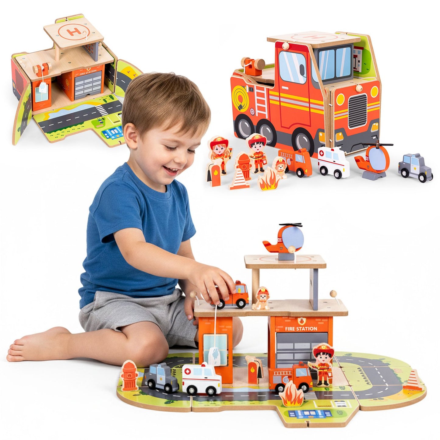 Wooden 2-in-1 Fire Station Set with Vehicles & Figures