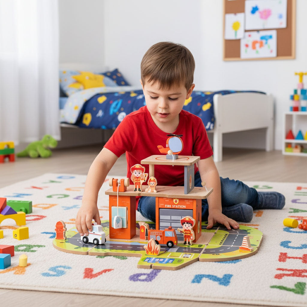 Wooden 2-in-1 Fire Station Set with Vehicles & Figures