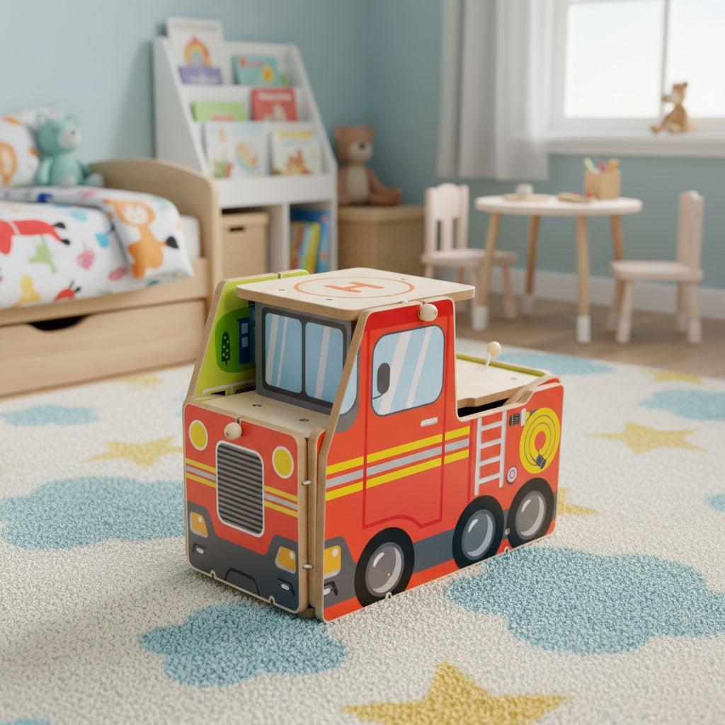 Wooden 2-in-1 Fire Station Set with Vehicles & Figures