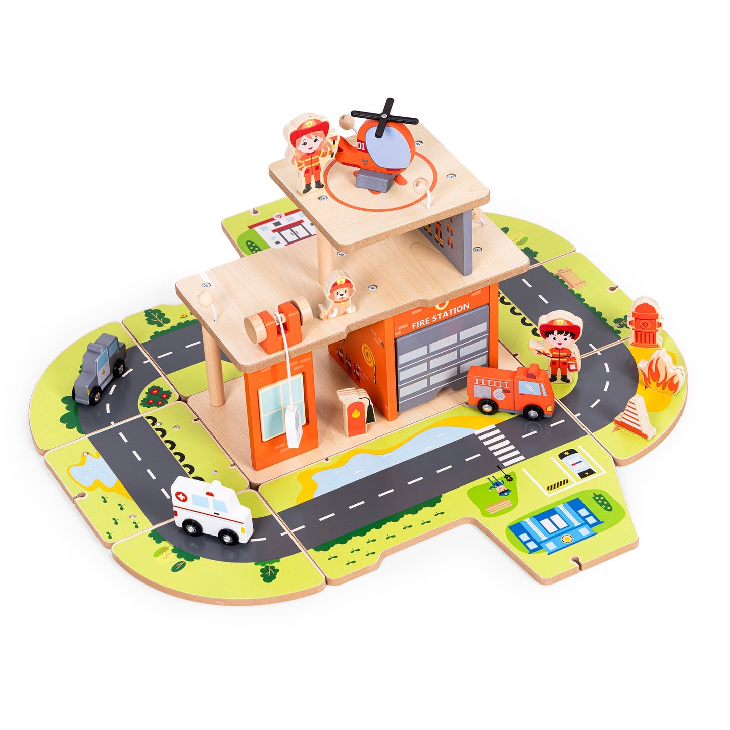 Wooden 2-in-1 Fire Station Set with Vehicles & Figures