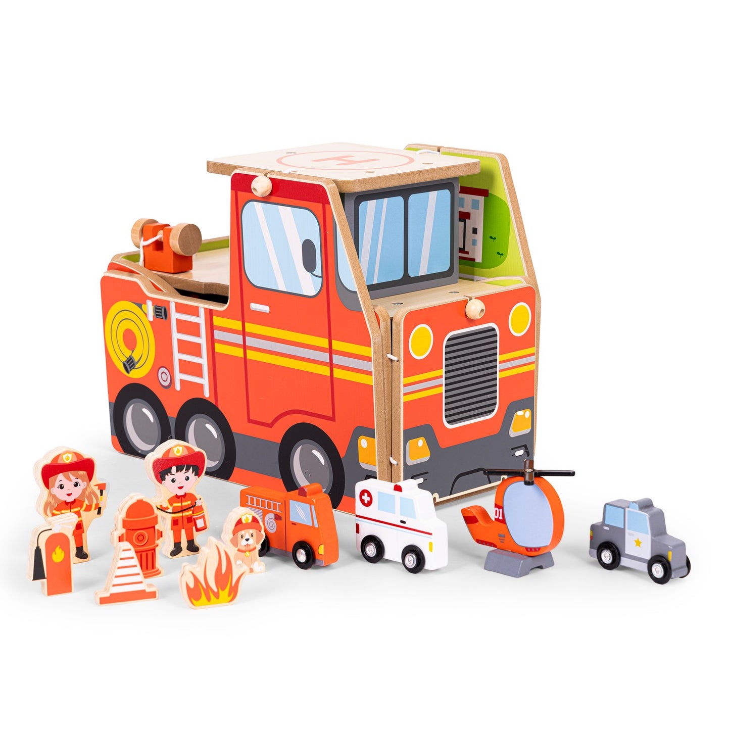 Wooden 2-in-1 Fire Station Set with Vehicles & Figures