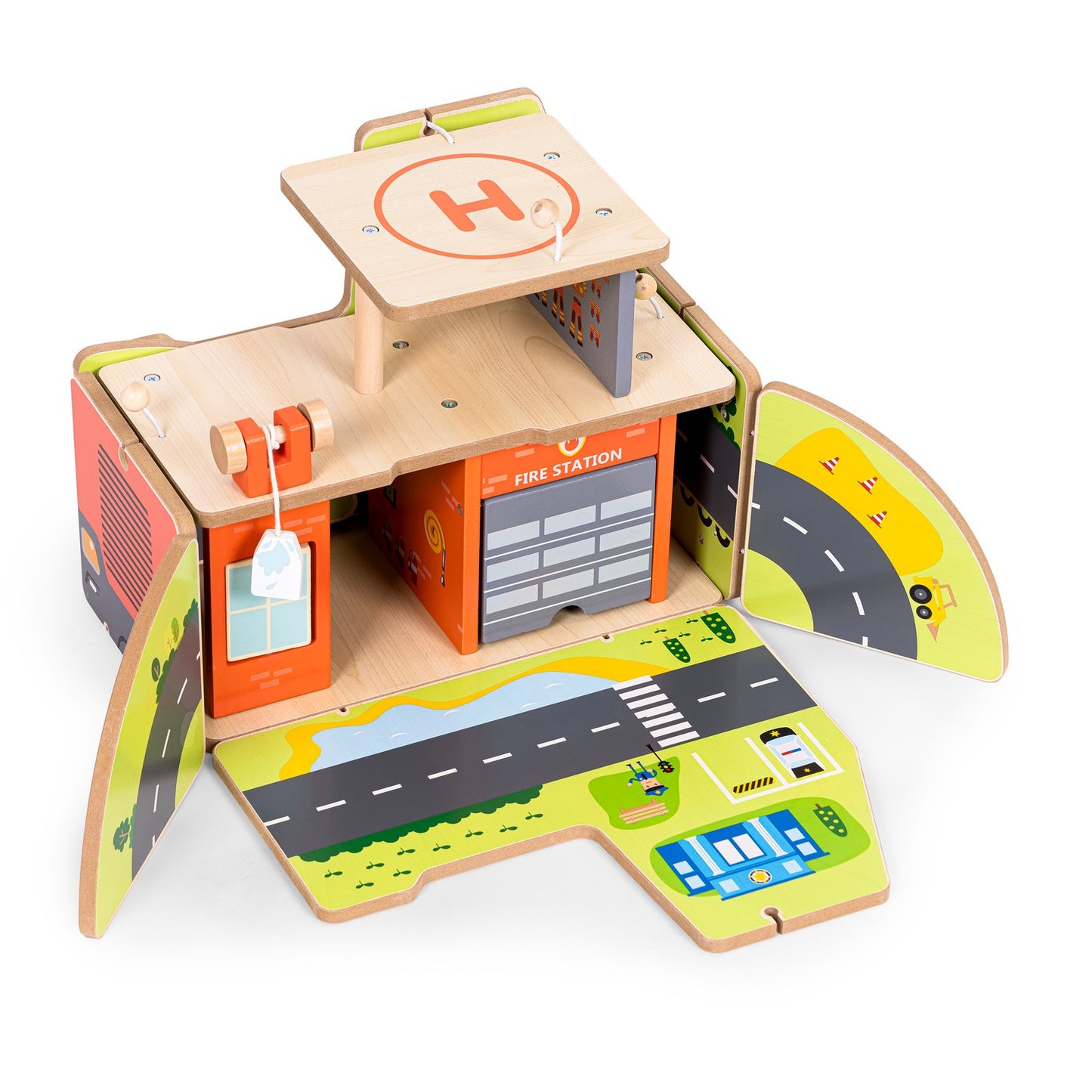 Wooden 2-in-1 Fire Station Set with Vehicles & Figures