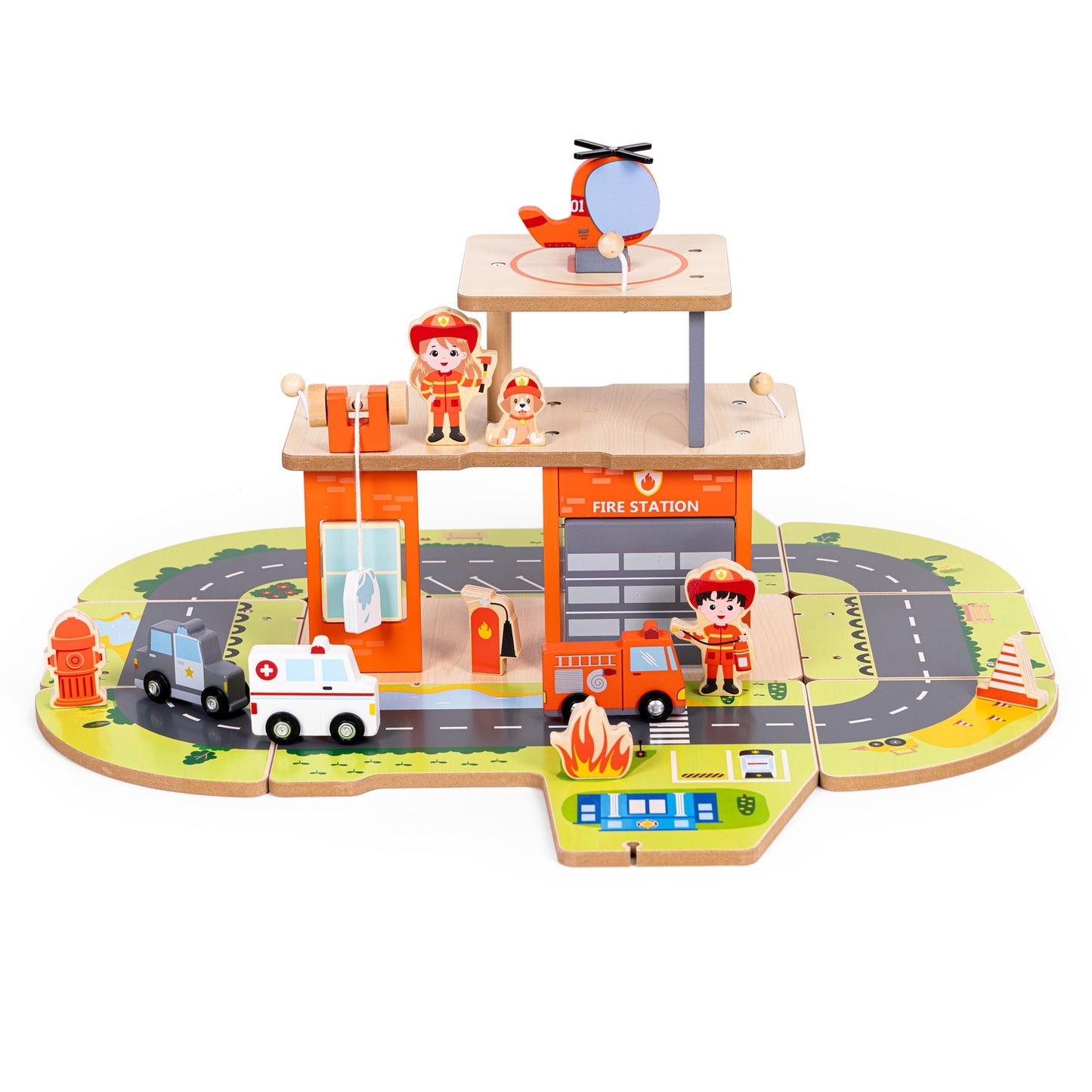 Wooden 2-in-1 Fire Station Set with Vehicles & Figures