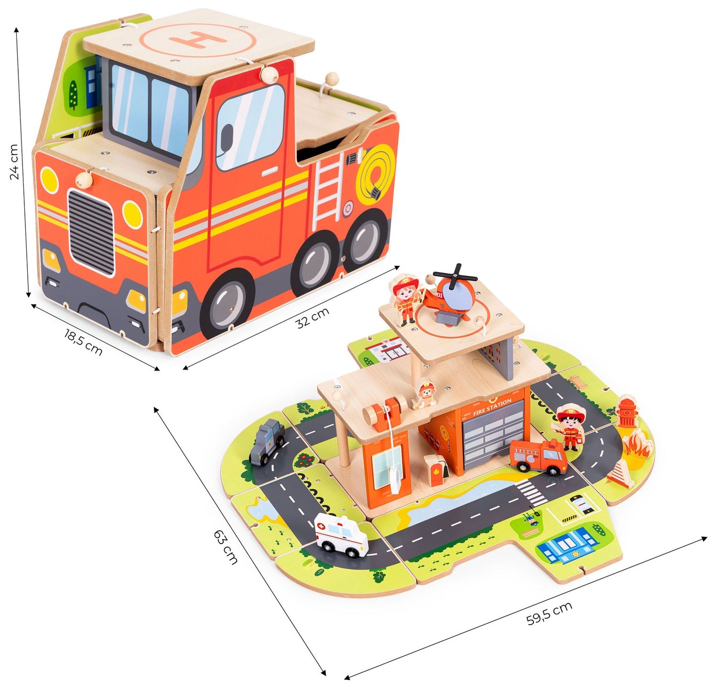 Wooden 2-in-1 Fire Station Set with Vehicles & Figures