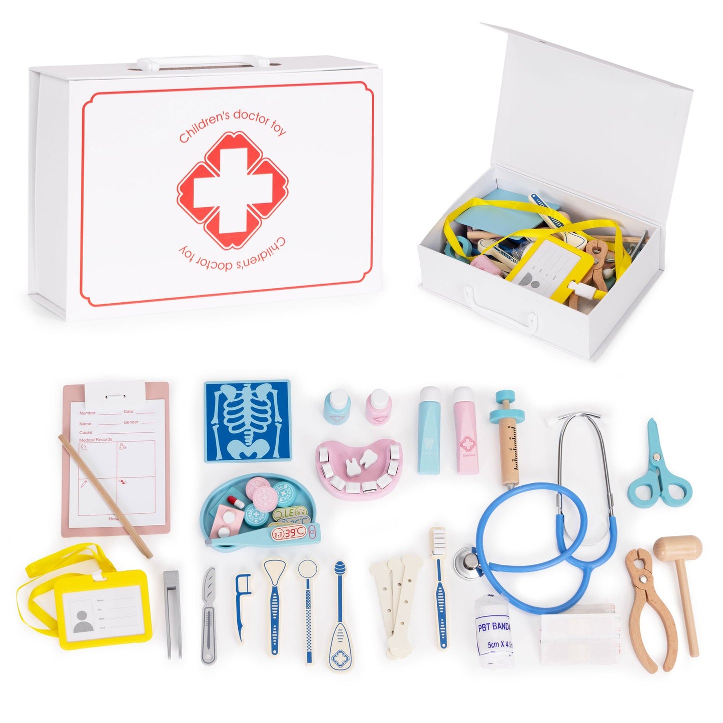 Wooden Doctor Play Set for Kids, 34-Piece Medical Kit