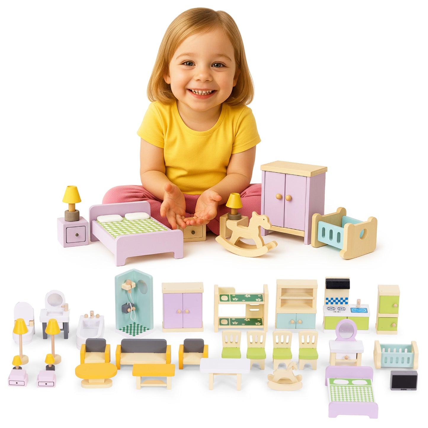 Wooden Dollhouse Furniture Set, 30 Pieces for Kids