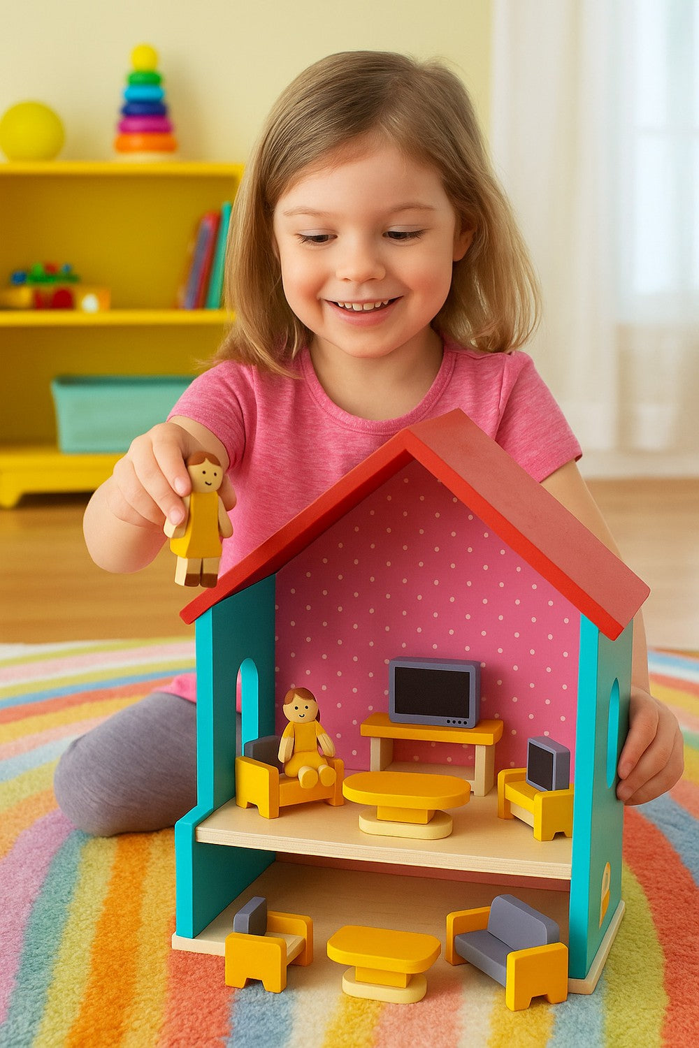 Wooden Dollhouse Furniture Set, 30 Pieces for Kids