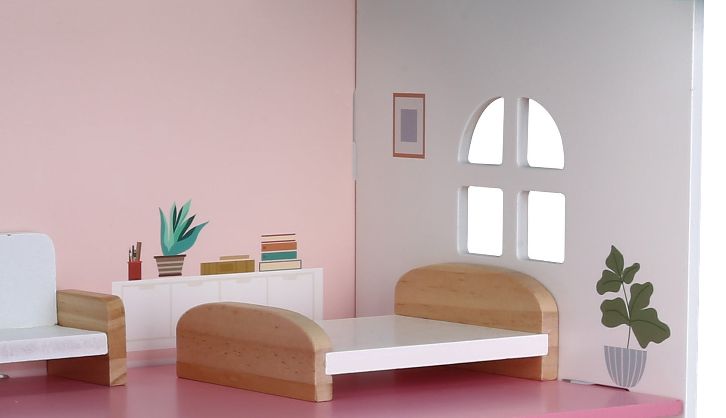 Wooden Dollhouse with Furniture, Two-Story, 45x42x23 cm