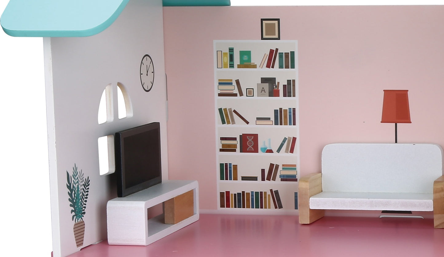Wooden Dollhouse with Furniture, Two-Story, 45x42x23 cm