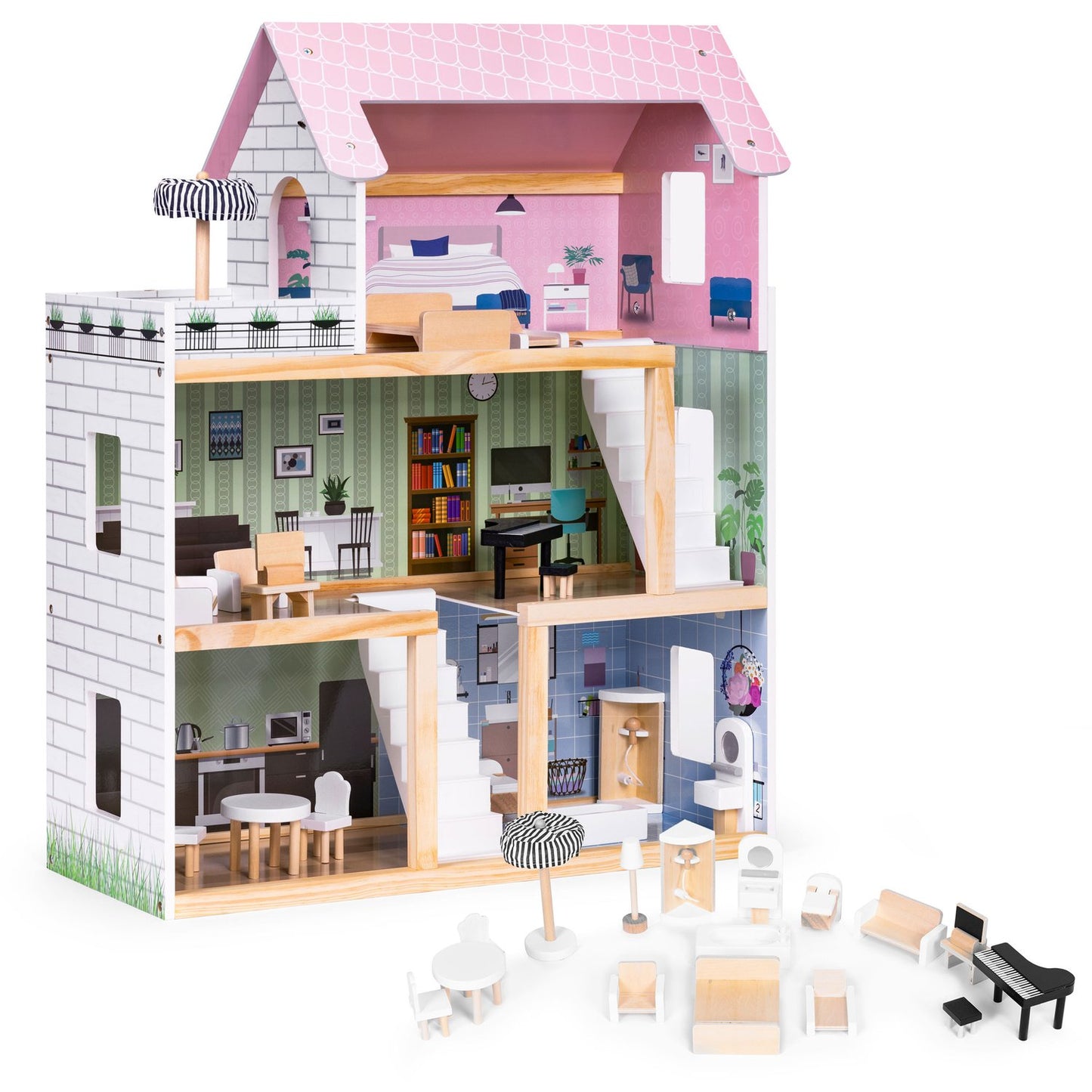 Wooden Dollhouse with 3 Floors & 15 Furniture Pieces