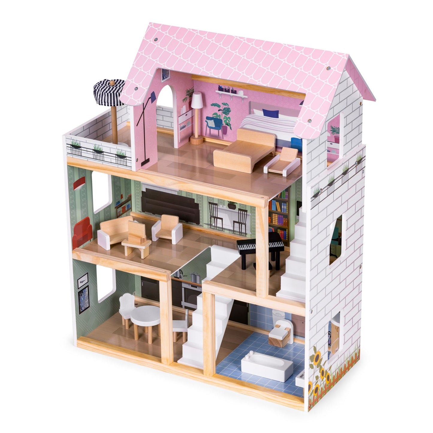 Wooden Dollhouse with 3 Floors & 15 Furniture Pieces