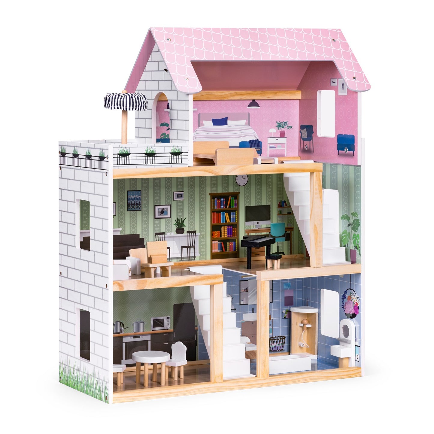 Wooden Dollhouse with 3 Floors & 15 Furniture Pieces