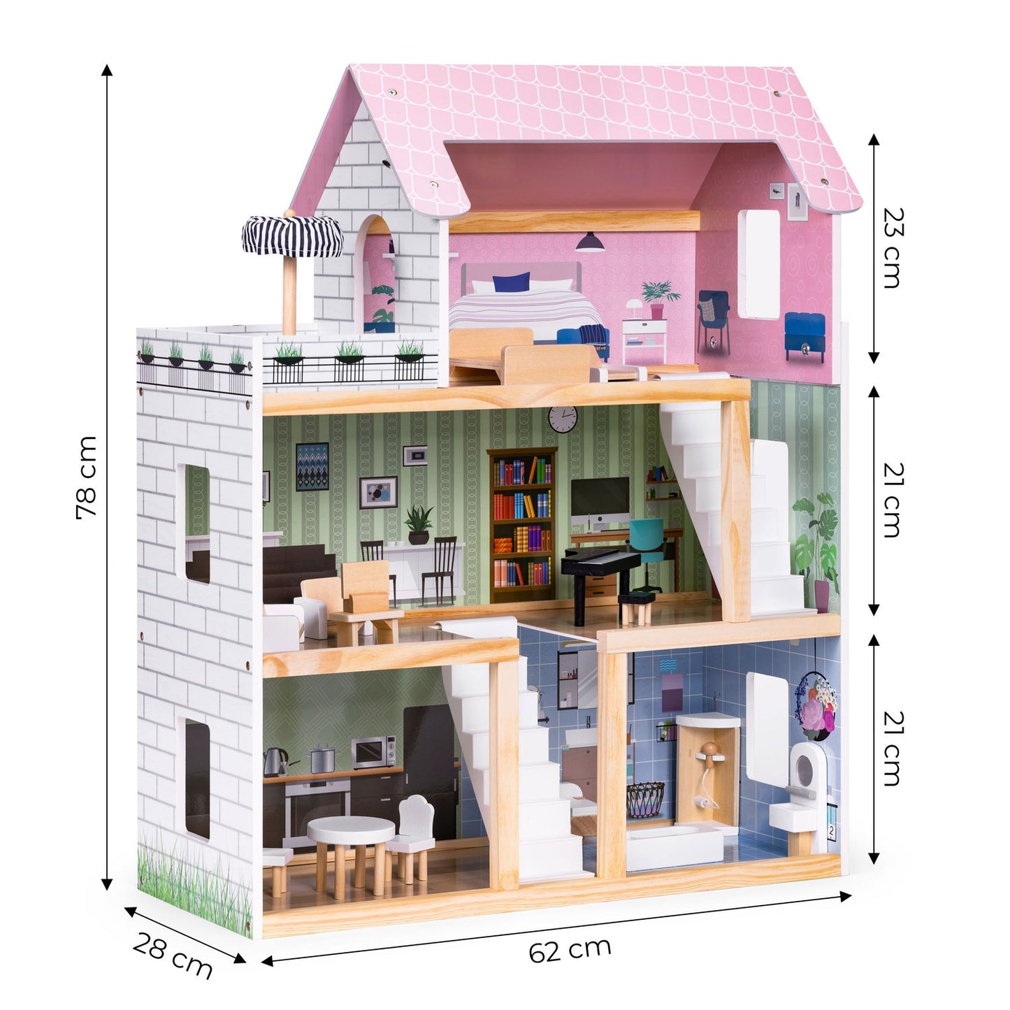 Wooden Dollhouse with 3 Floors & 15 Furniture Pieces