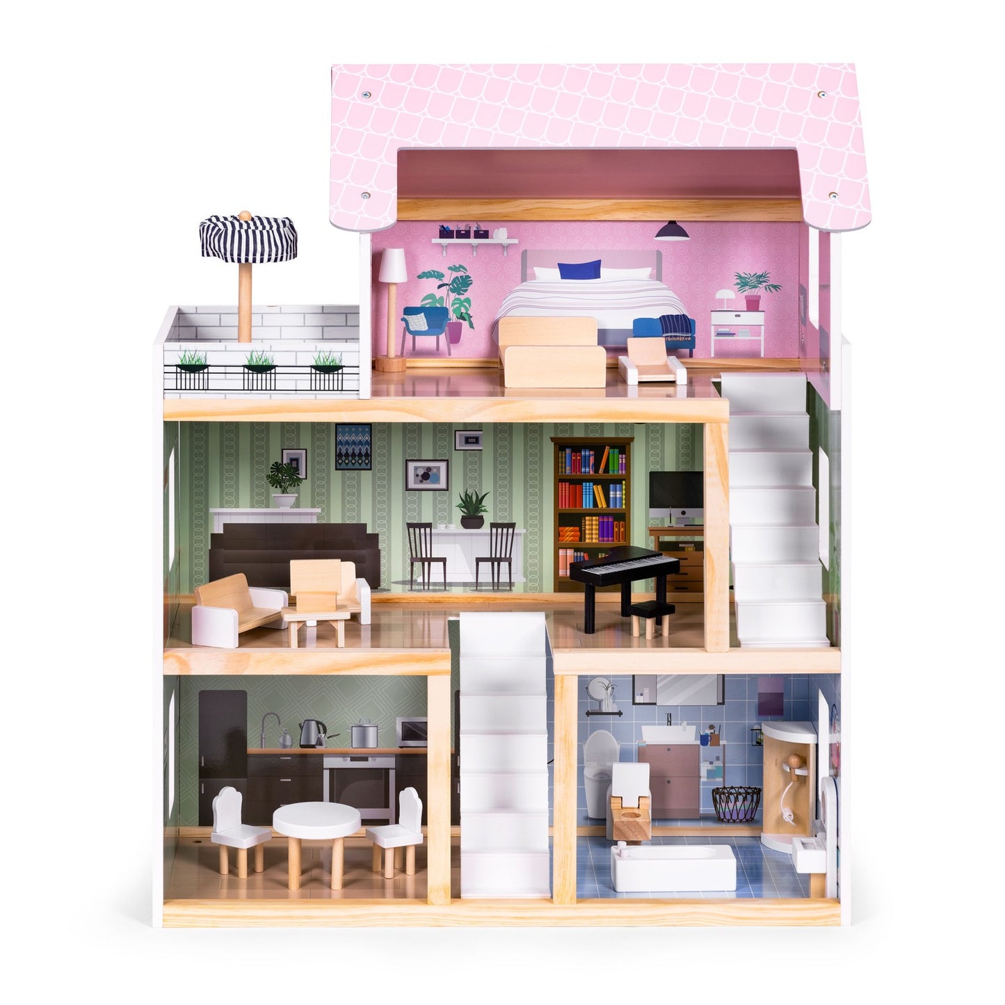 Wooden Dollhouse with 3 Floors & 15 Furniture Pieces