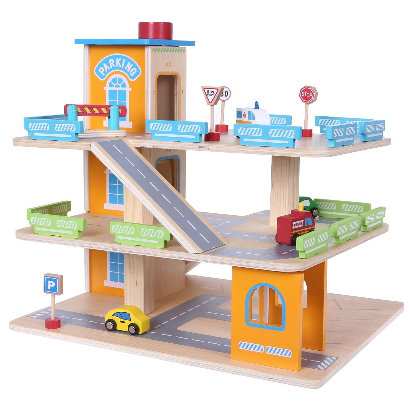 Wooden Garage Track with Elevator + Cars