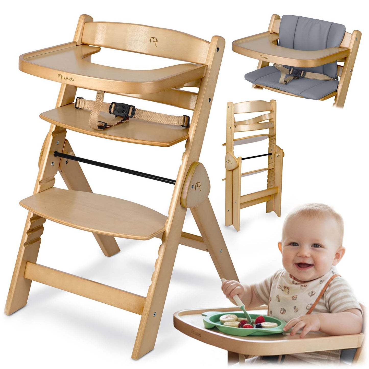 Wooden High Chair for Kids, Adjustable, Removable Tray