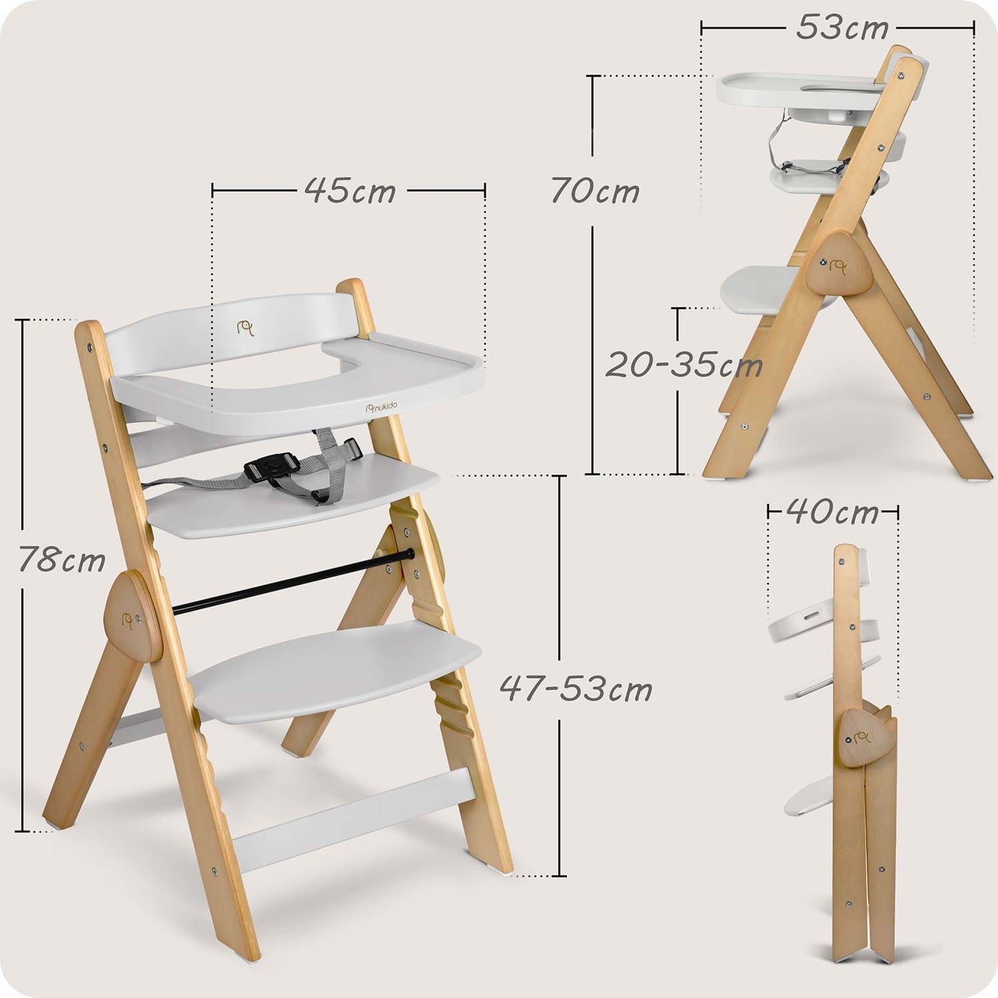 Wooden High Chair for Kids, Adjustable, Removable Tray