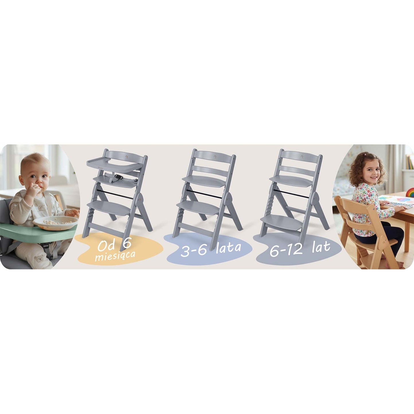 Wooden High Chair for Kids, Adjustable, Removable Tray