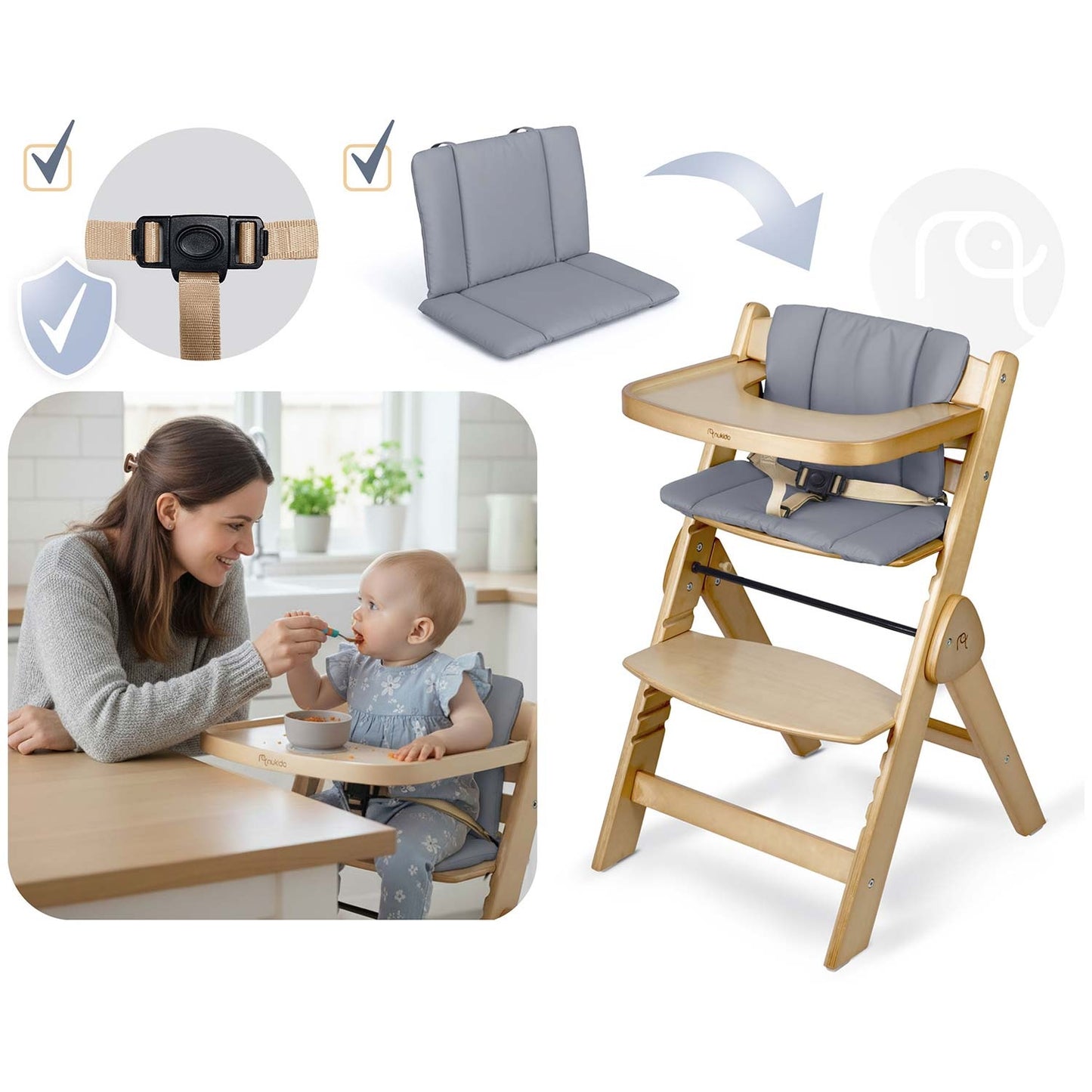 Wooden High Chair for Kids, Adjustable, Removable Tray