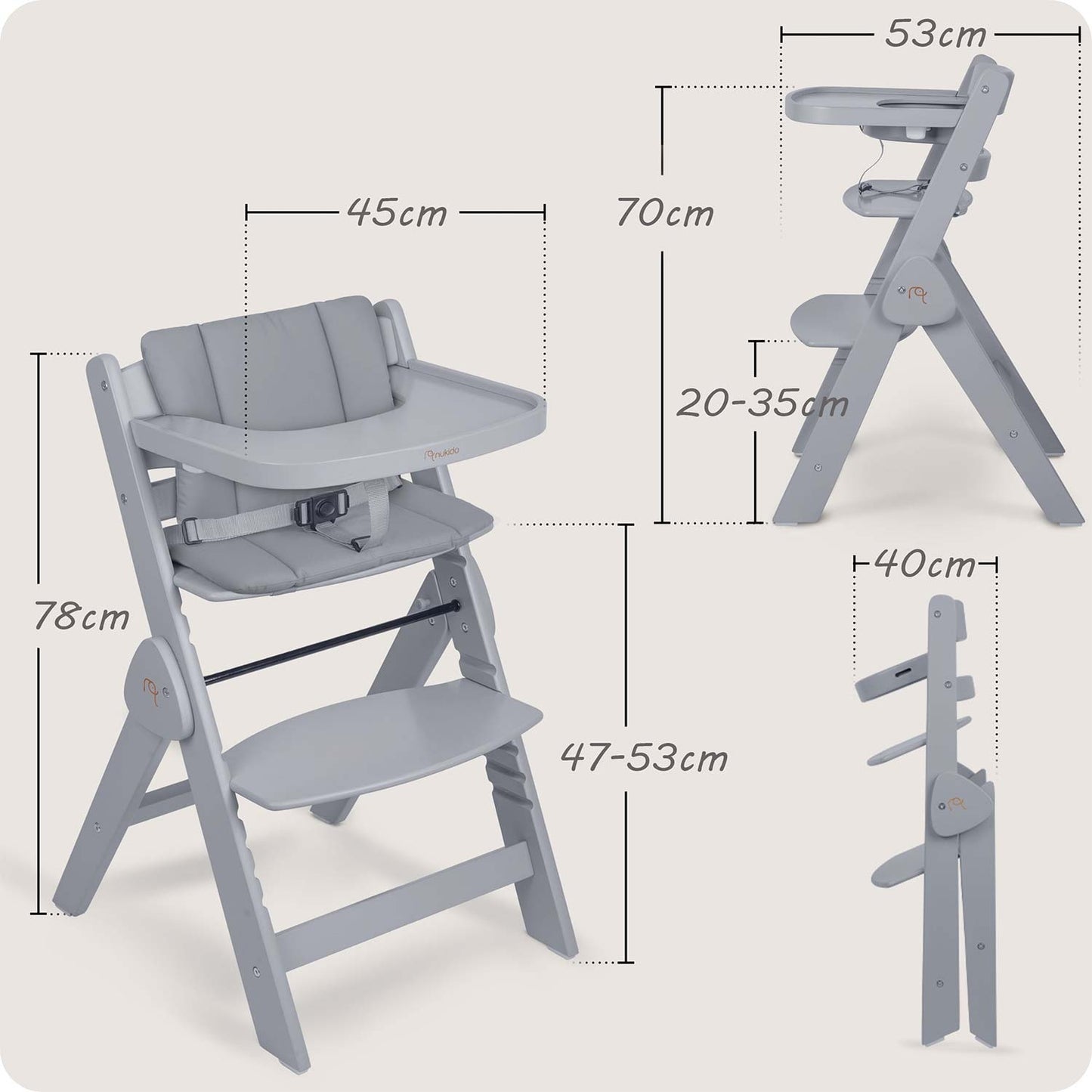Wooden High Chair for Kids, Adjustable, Removable Tray