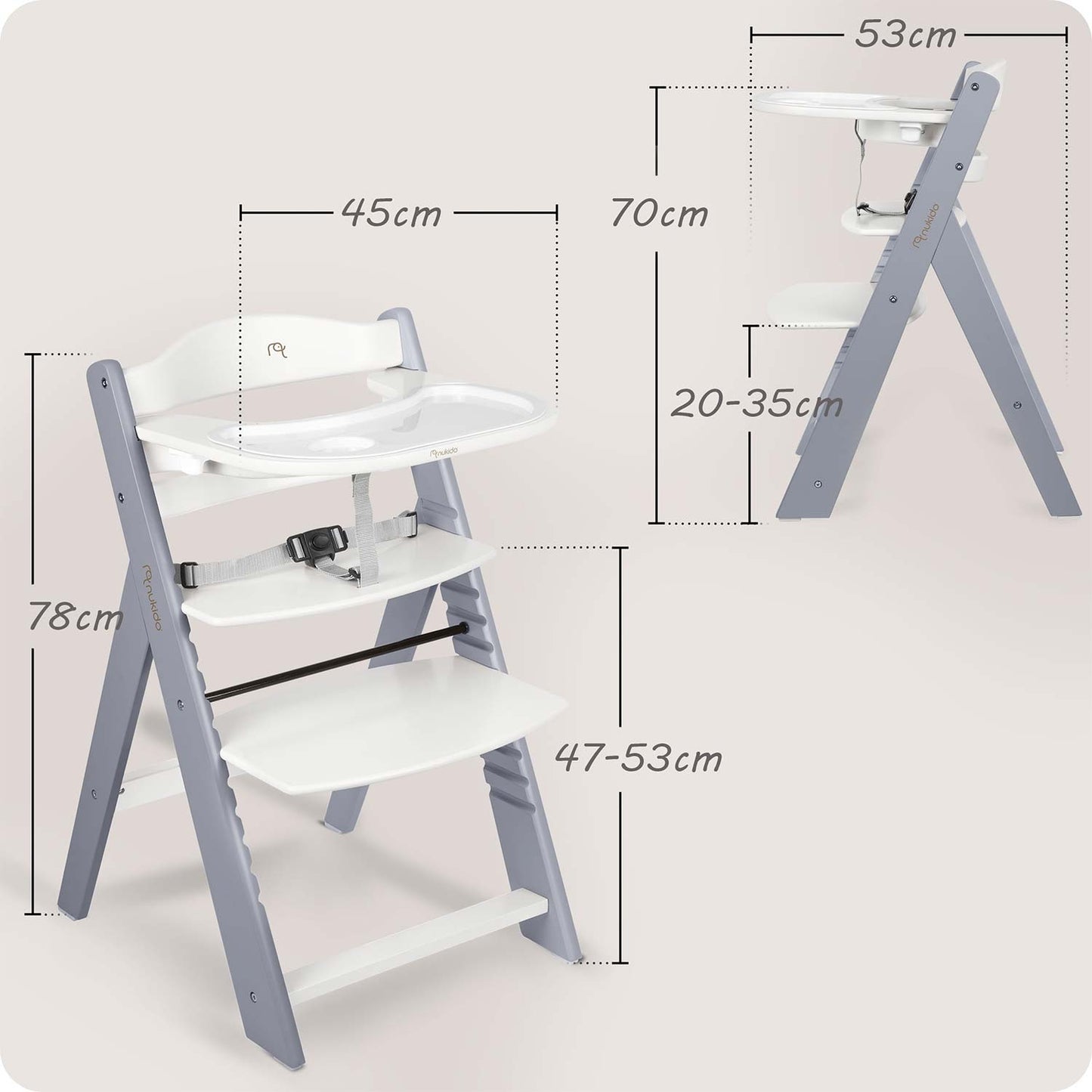Wooden High Chair for Kids, Adjustable, Removable Tray