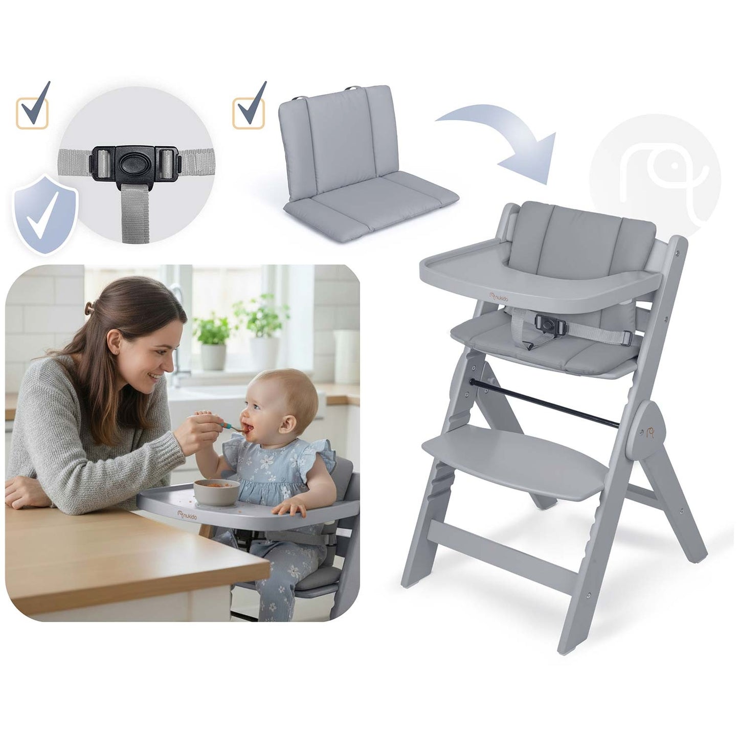 Wooden High Chair for Kids, Adjustable, Removable Tray