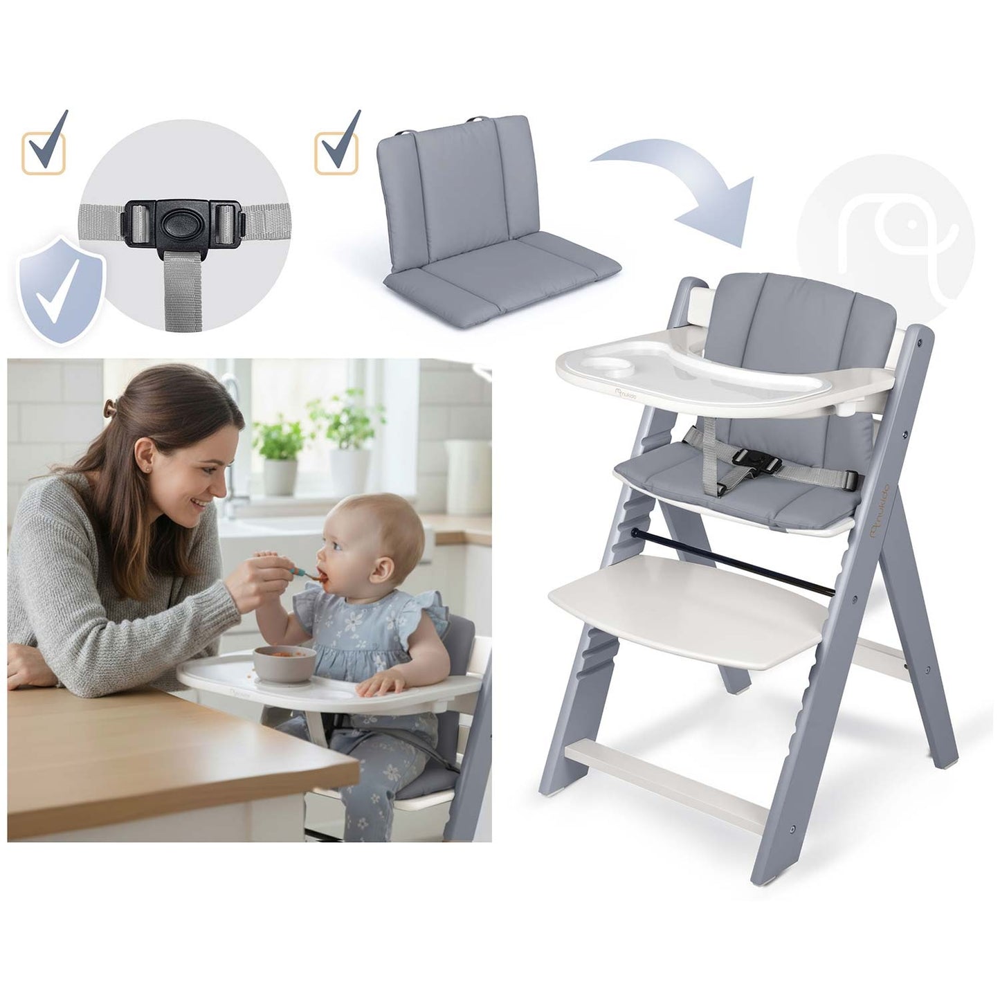 Wooden High Chair for Kids, Adjustable, Removable Tray