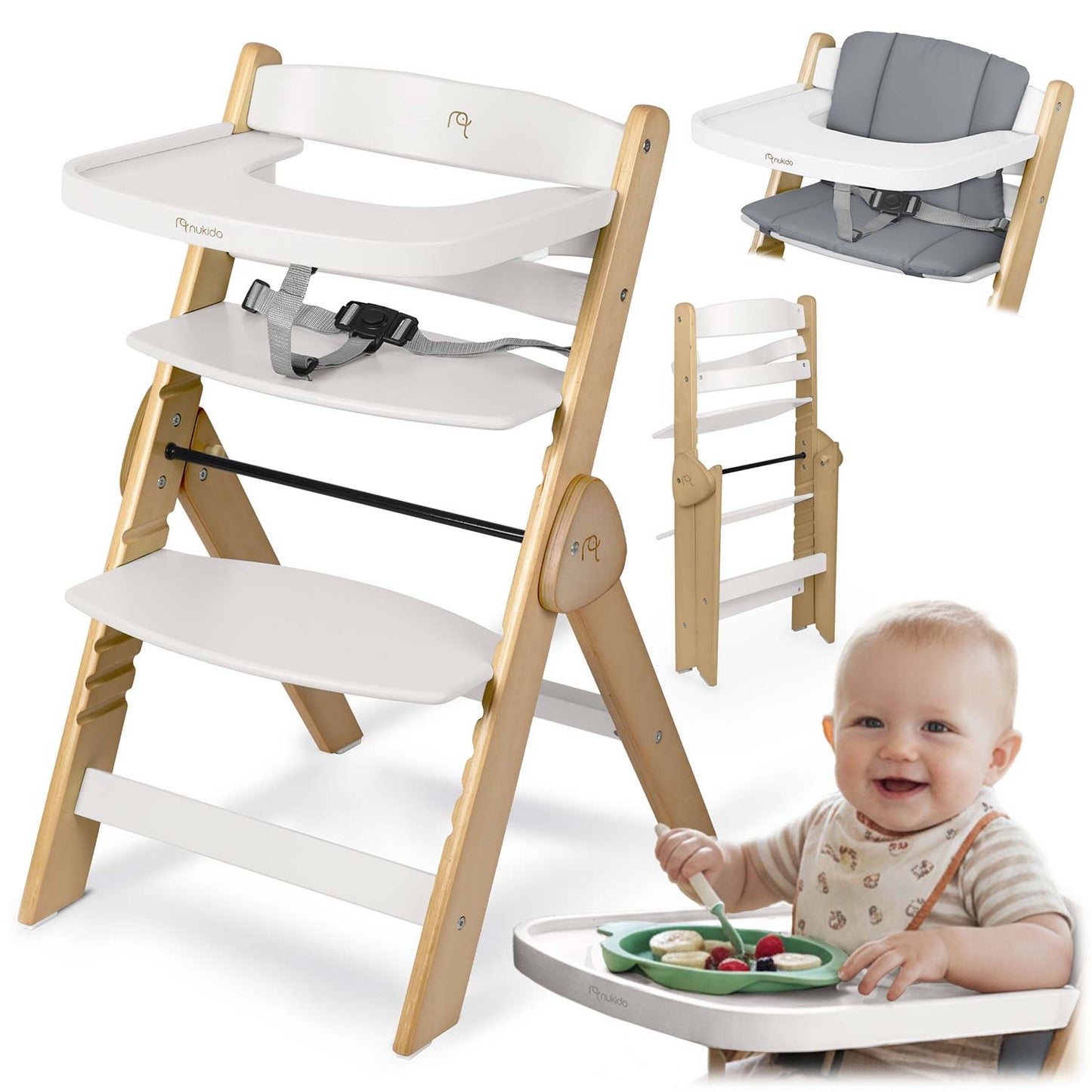 Wooden High Chair for Kids, Adjustable, Removable Tray