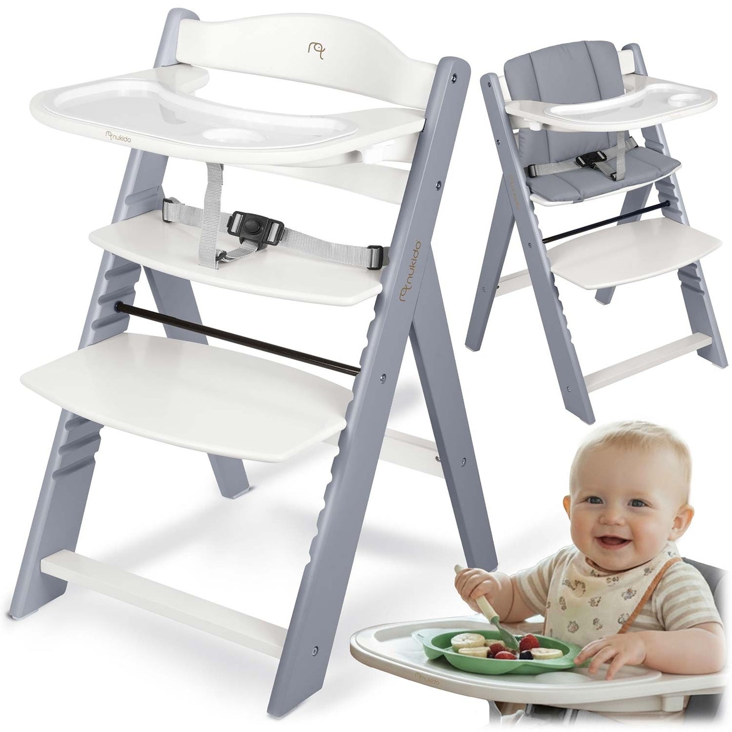 Wooden High Chair for Kids, Adjustable, Removable Tray