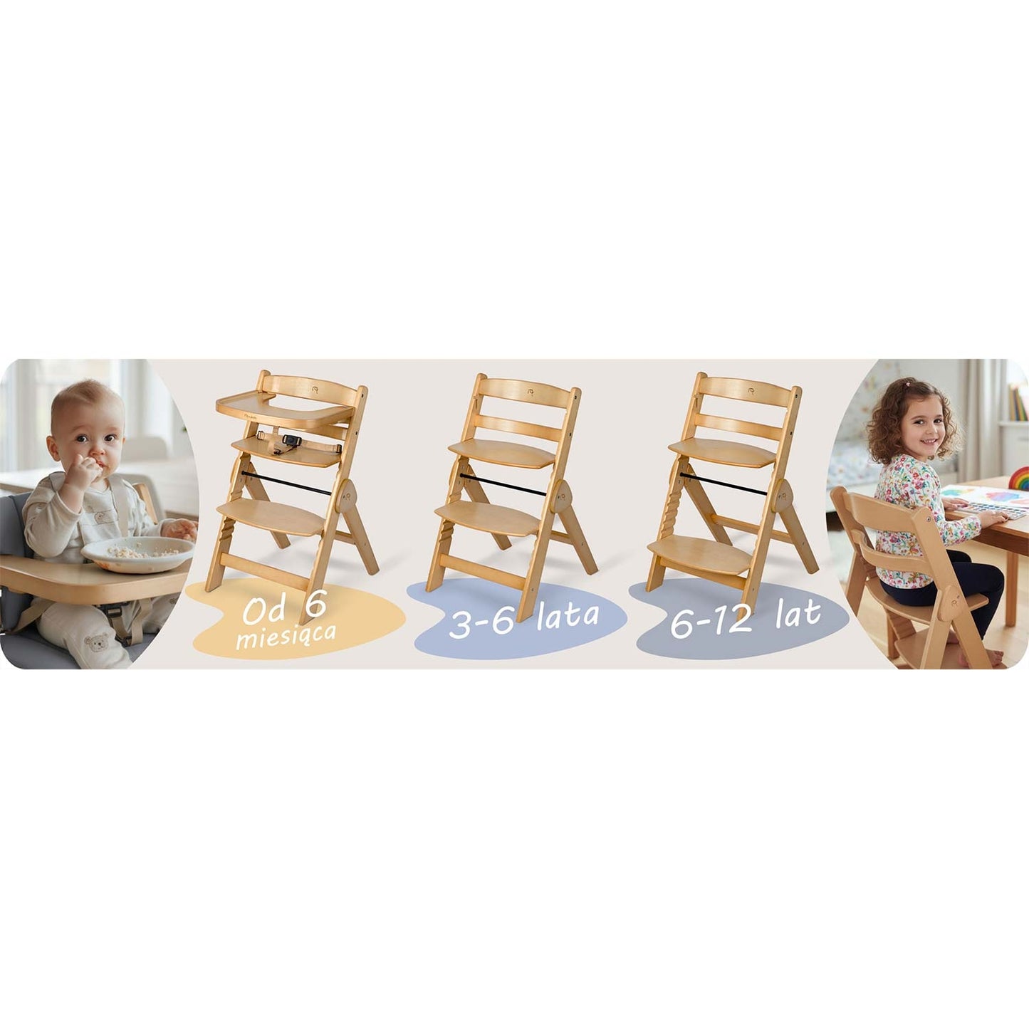 Wooden High Chair for Kids, Adjustable, Removable Tray