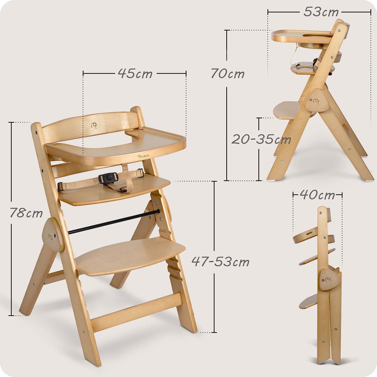 Wooden High Chair for Kids, Adjustable, Removable Tray