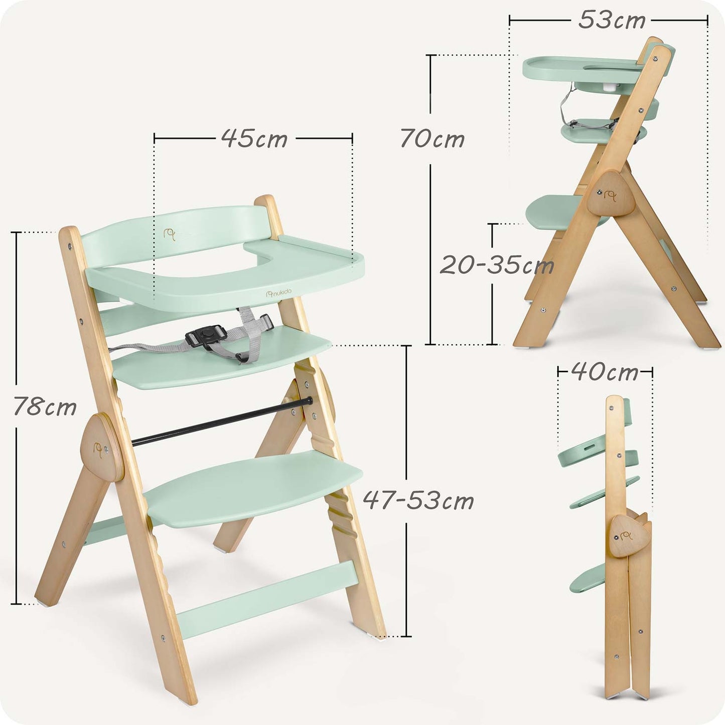 Wooden High Chair for Kids, Adjustable, Removable Tray