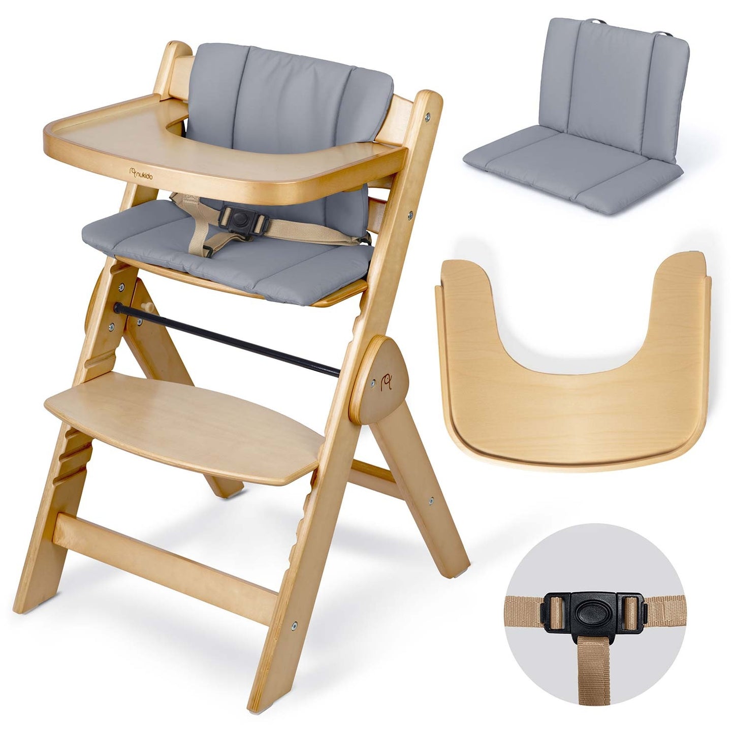 Wooden High Chair for Kids, Adjustable, Removable Tray