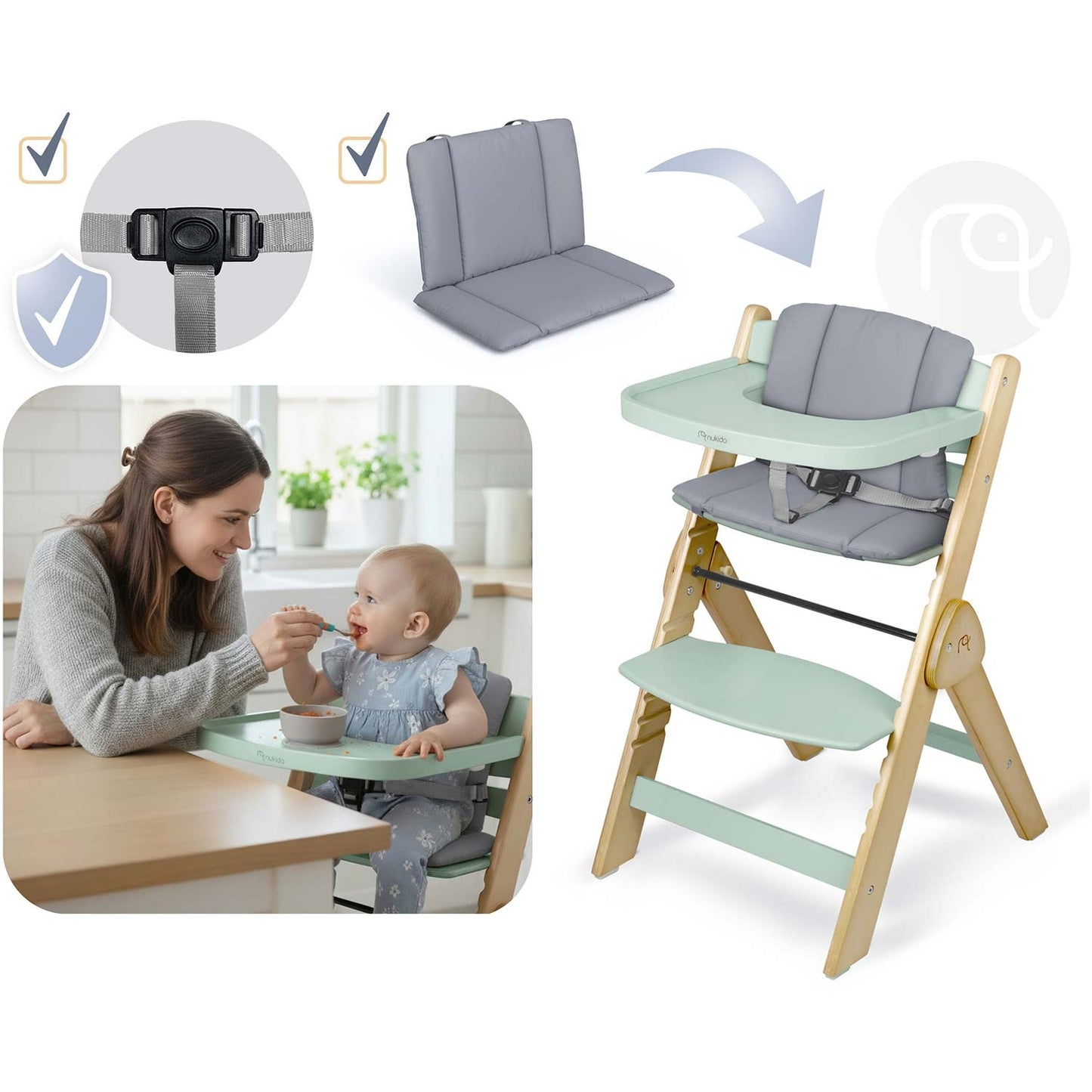 Wooden High Chair for Kids, Adjustable, Removable Tray
