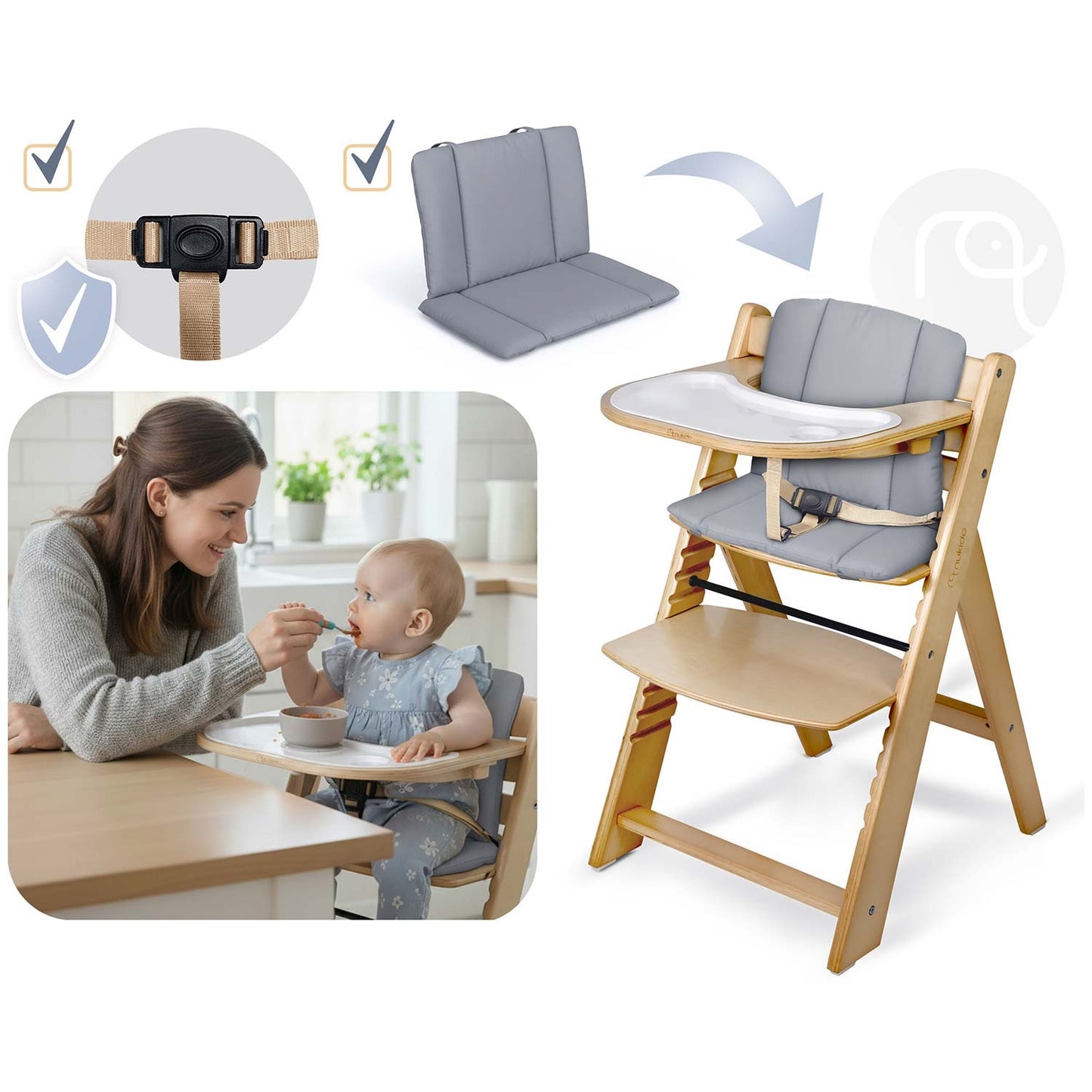 Wooden High Chair for Kids, Adjustable, Removable Tray