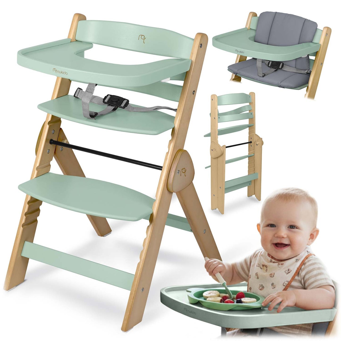 Wooden High Chair for Kids, Adjustable, Removable Tray