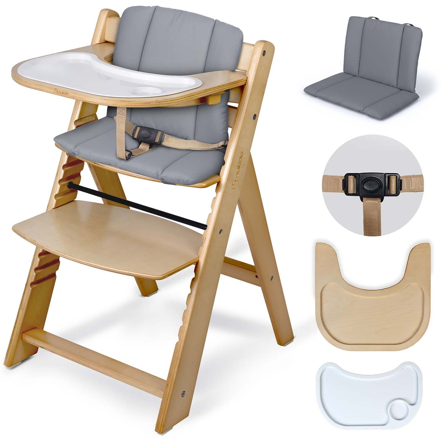 Wooden High Chair for Kids, Adjustable, Removable Tray