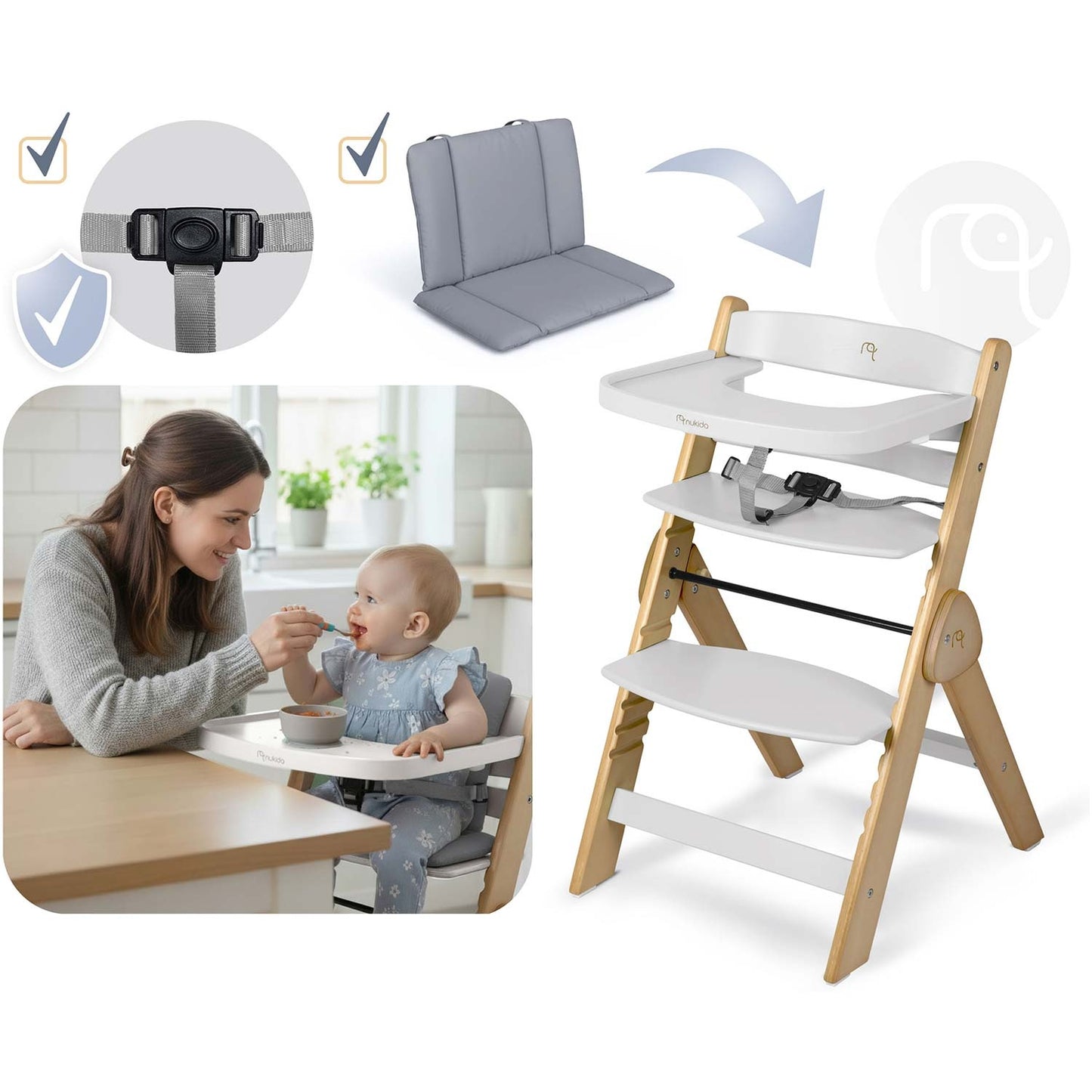 Wooden High Chair for Kids, Adjustable, Removable Tray