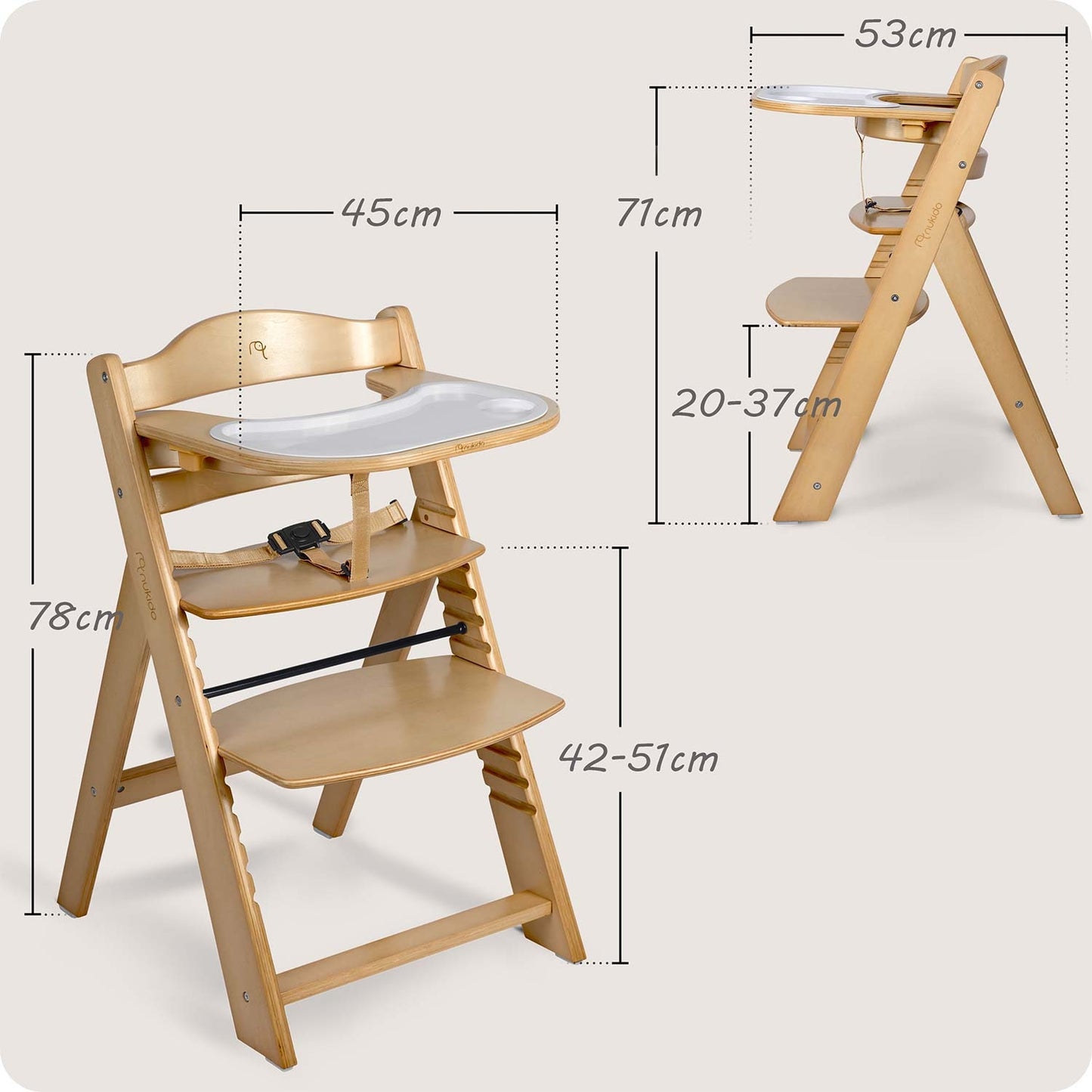 Wooden High Chair for Kids, Adjustable, Removable Tray